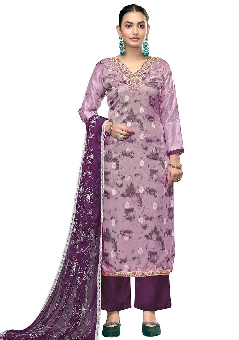 Multicolor Embroidered Oragnza Dress Material - Indya