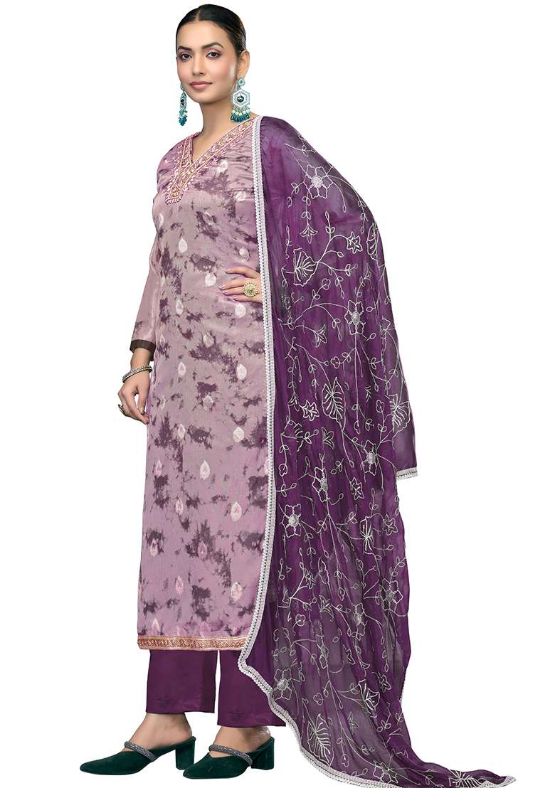 Multicolor Embroidered Oragnza Dress Material - Indya