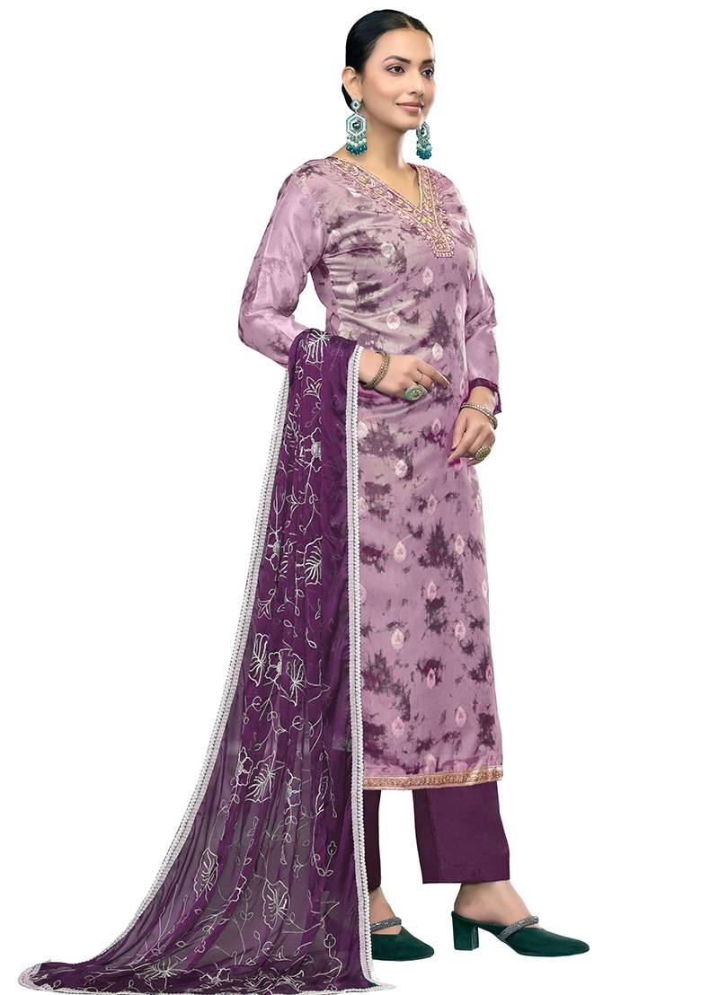 Multicolor Embroidered Oragnza Dress Material - Indya