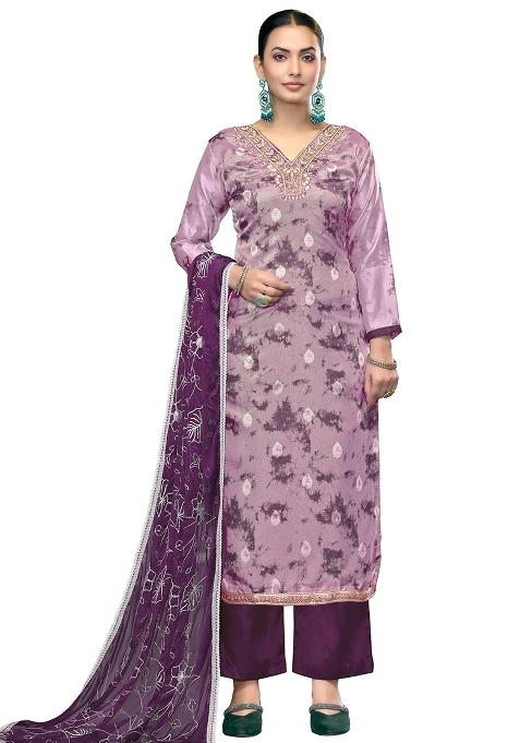 Multicolor Embroidered Oragnza Dress Material