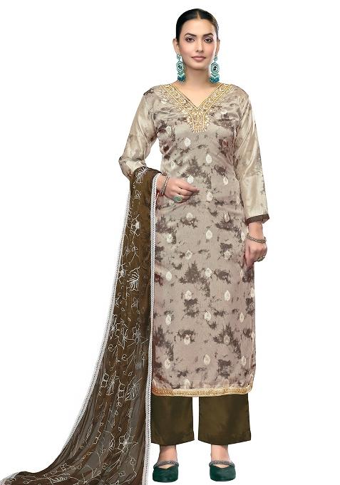 Multicolor Embroidered Oragnza Dress Material