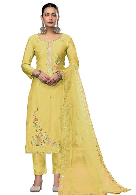 Yellow Embroidered Blended Straight Kurta Set
