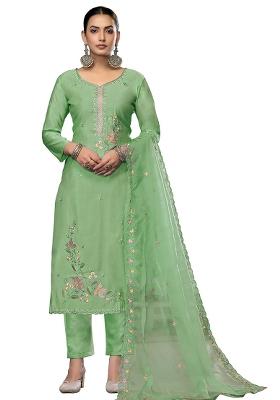 Light Green Embroidered Cotton Blend Dress Material