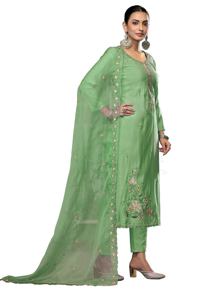Light Green Embroidered Cotton Blend Dress Material - Indya