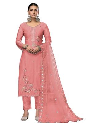 Peach Embroidered Cotton Blend Dress Material
