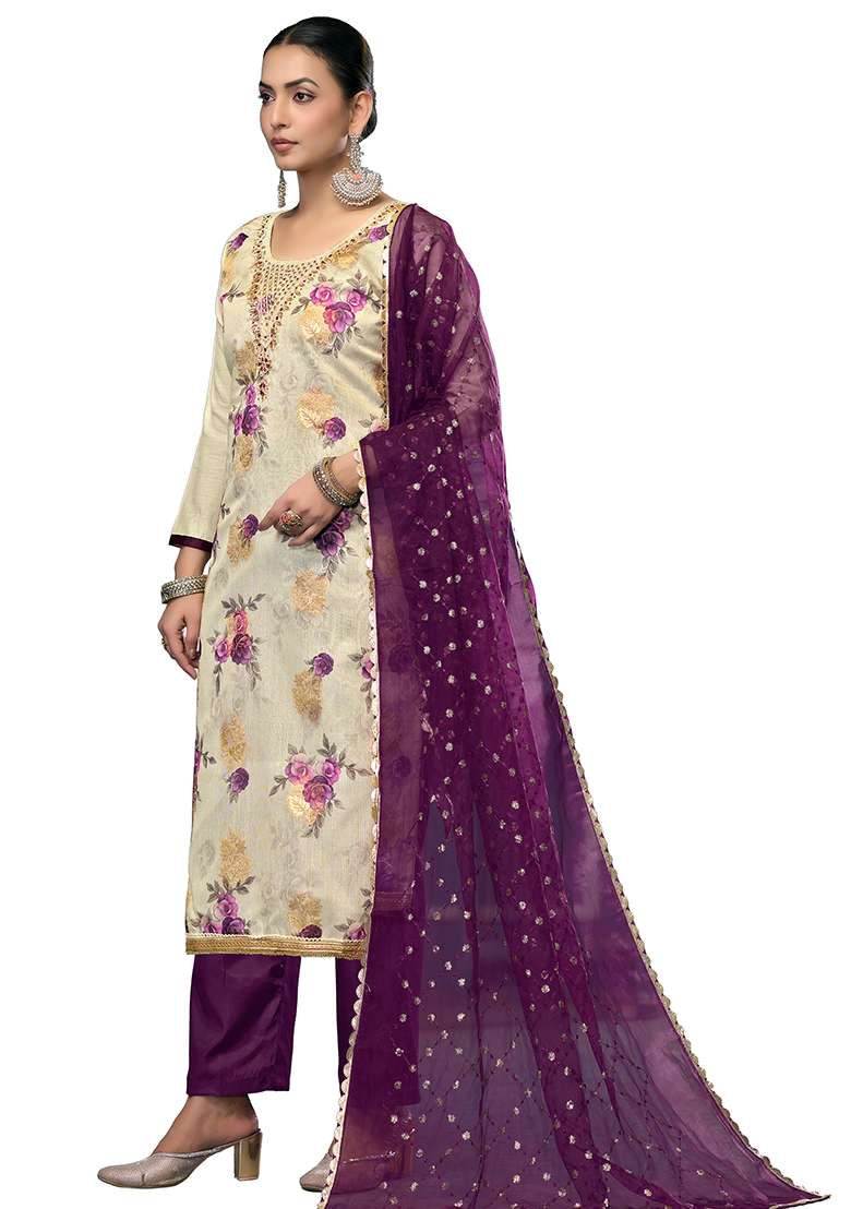 Multicolor Embroidered Viscose Dress Material - Indya