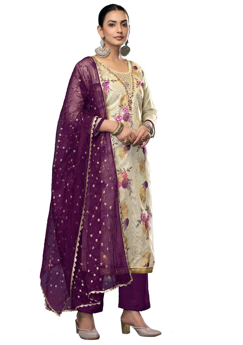 Multicolor Embroidered Viscose Dress Material - Indya