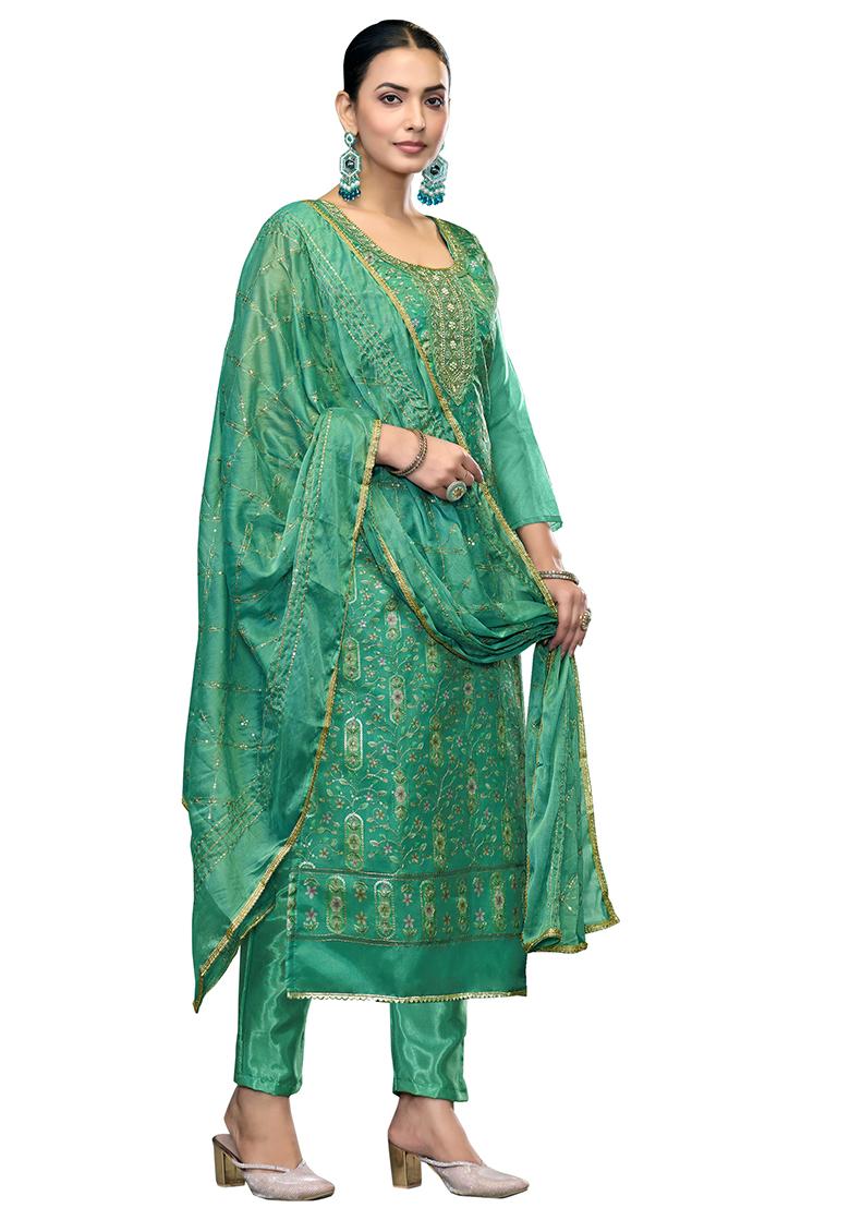 Light Green Embroidered Viscose Dress Material
