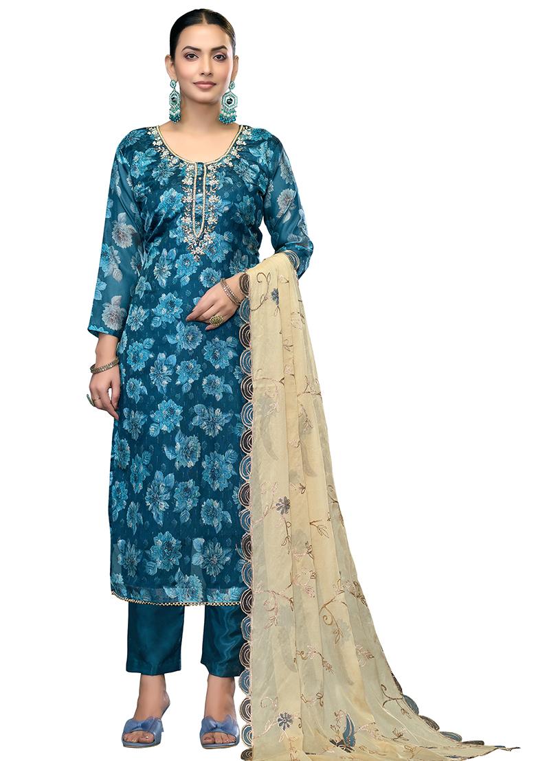 Blue Embroidered Viscose Dress Material