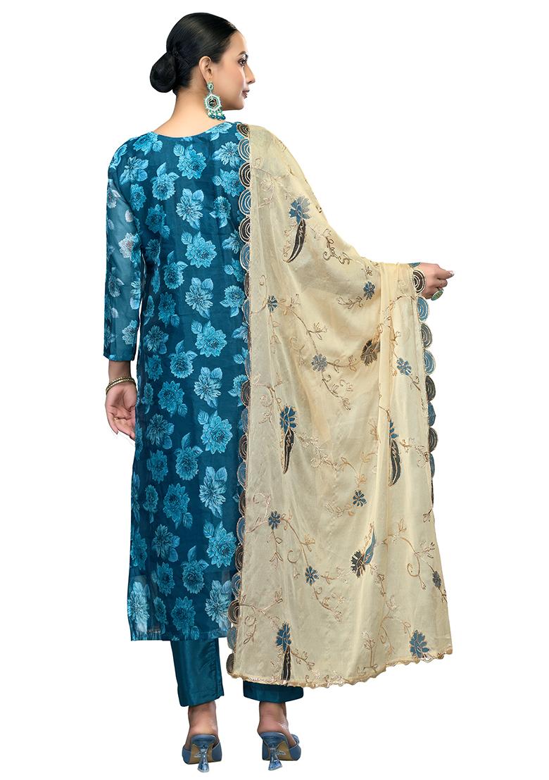 Blue Embroidered Viscose Dress Material