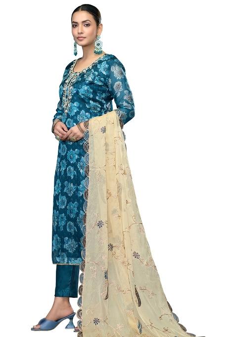 Blue Embroidered Viscose Dress Material