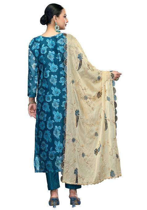 Blue Embroidered Viscose Dress Material