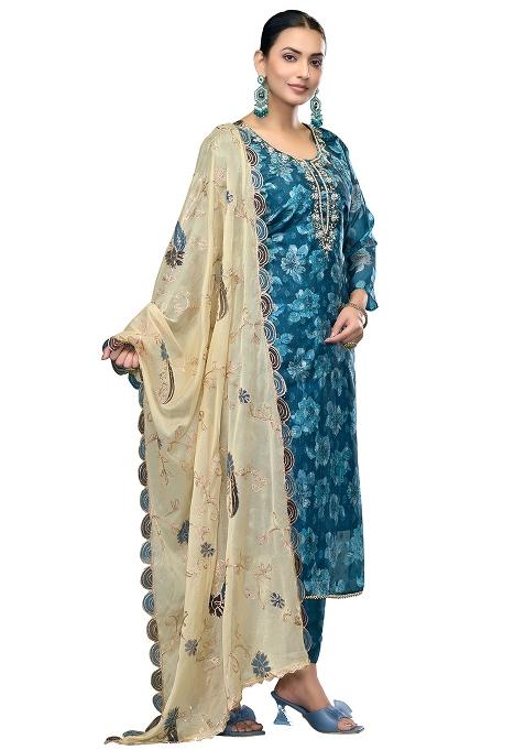 Blue Embroidered Viscose Dress Material