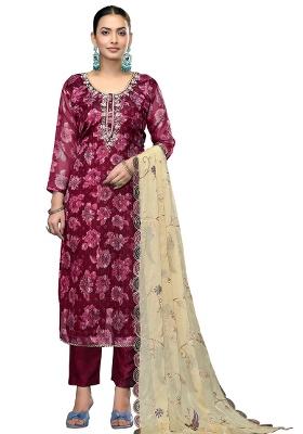 Magenta Embroidered Viscose Dress Material