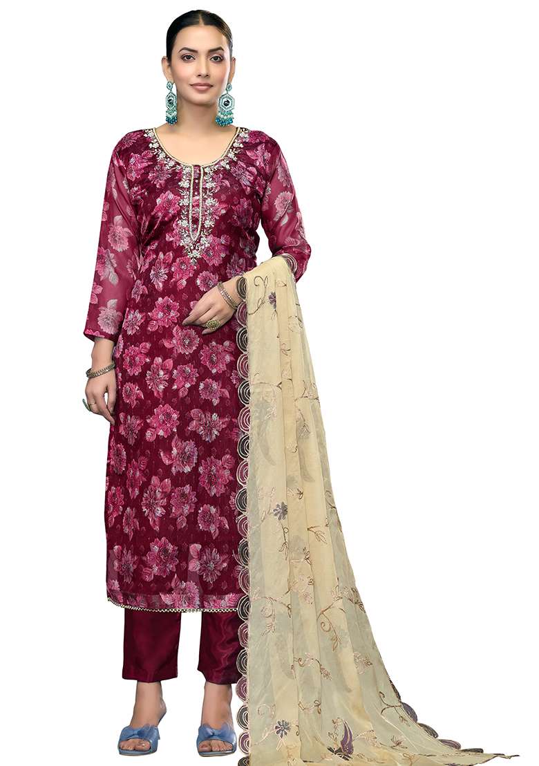 Magenta Embroidered Viscose Straight Kurta Set - Indya