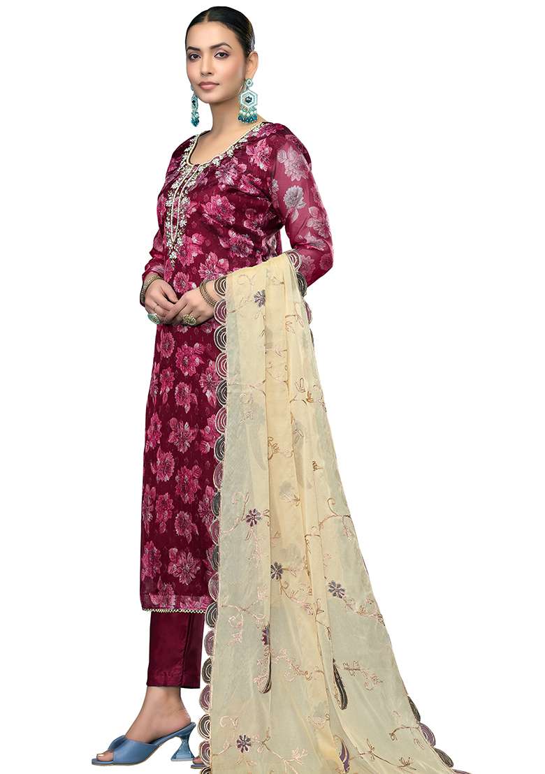 Magenta Embroidered Viscose Straight Kurta Set - Indya