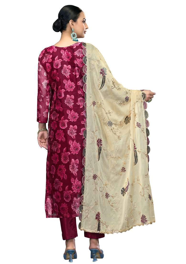 Magenta Embroidered Viscose Straight Kurta Set - Indya
