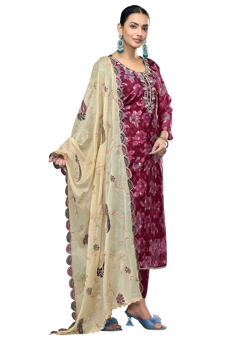 Magenta Embroidered Viscose Straight Kurta Set - Indya