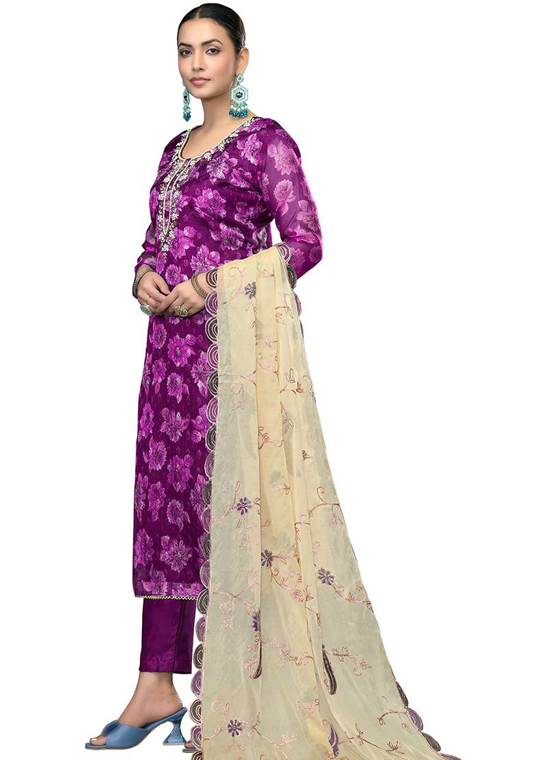Purple Embroidered Viscose Pakistani Suit Set - Indya