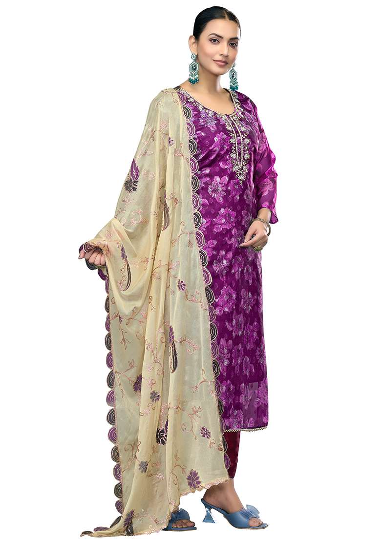 Purple Embroidered Viscose Pakistani Suit Set - Indya