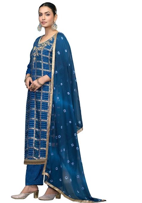Blue Bandhani Blended Pakistani Suit Set — view on Indya
