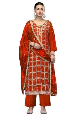 Orange Embroidered Cotton Blend Dress Material