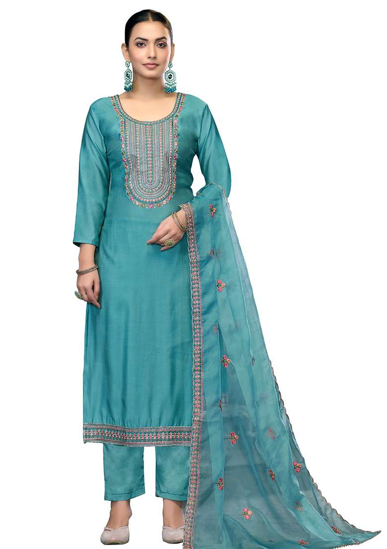 Sky Blue Embroidered Cotton Blend Dress Material - Indya