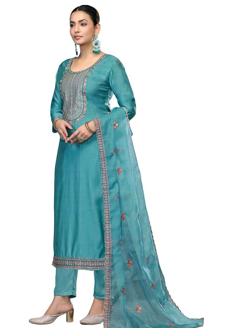 Sky Blue Embroidered Cotton Blend Dress Material - Indya