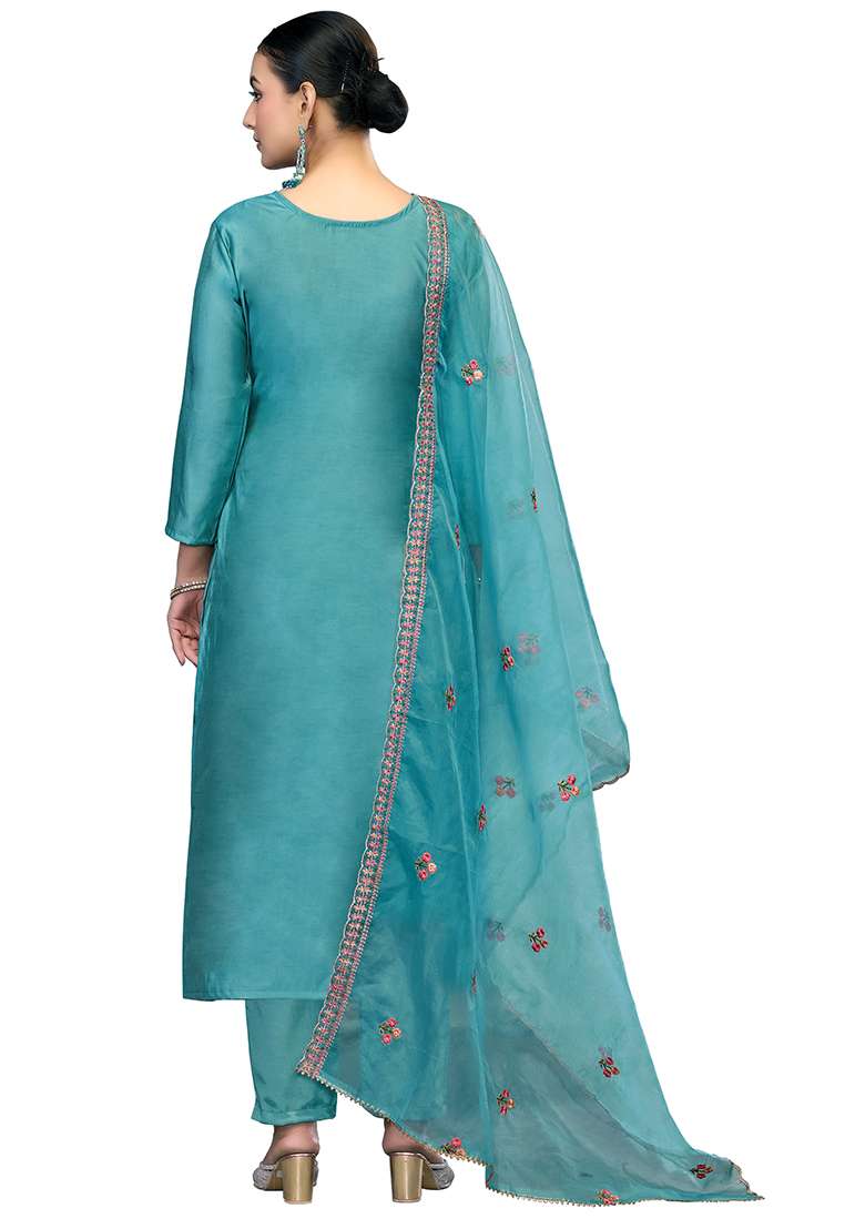 Sky Blue Embroidered Cotton Blend Dress Material - Indya