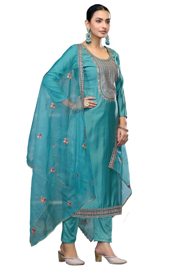 Sky Blue Embroidered Cotton Blend Dress Material - Indya