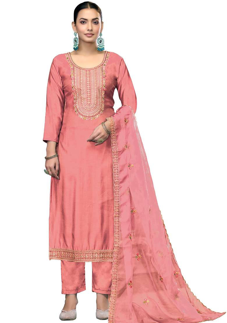 Peach Embroidered Blended Straight Kurta Set - Indya