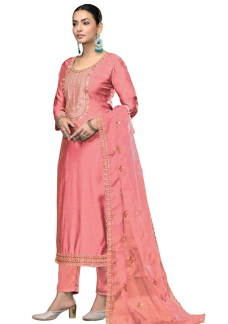 Peach Embroidered Blended Straight Kurta Set - Indya
