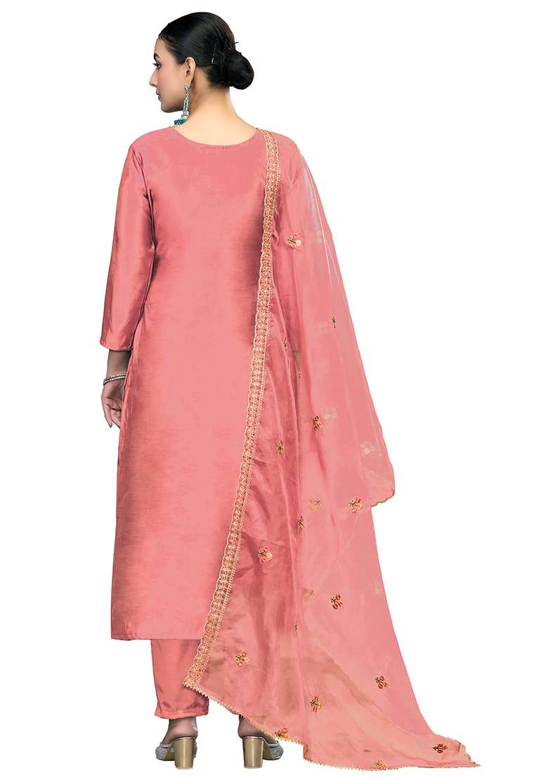 Peach Embroidered Blended Straight Kurta Set - Indya