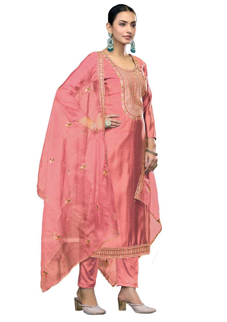Peach Embroidered Blended Straight Kurta Set - Indya