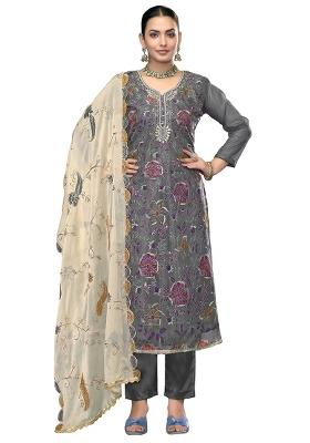 Grey Embroidered Viscose Dress Material
