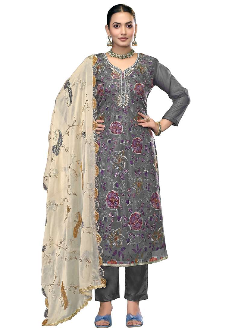 Grey Embroidered Viscose Straight Kurta Set - Indya