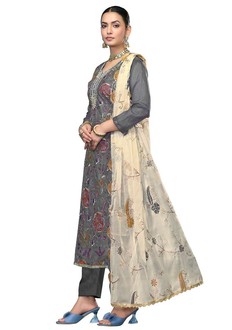 Grey Embroidered Viscose Straight Kurta Set - Indya