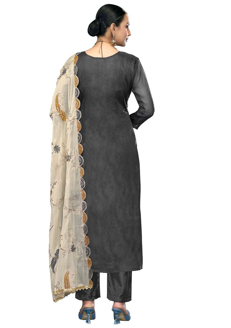 Grey Embroidered Viscose Straight Kurta Set - Indya