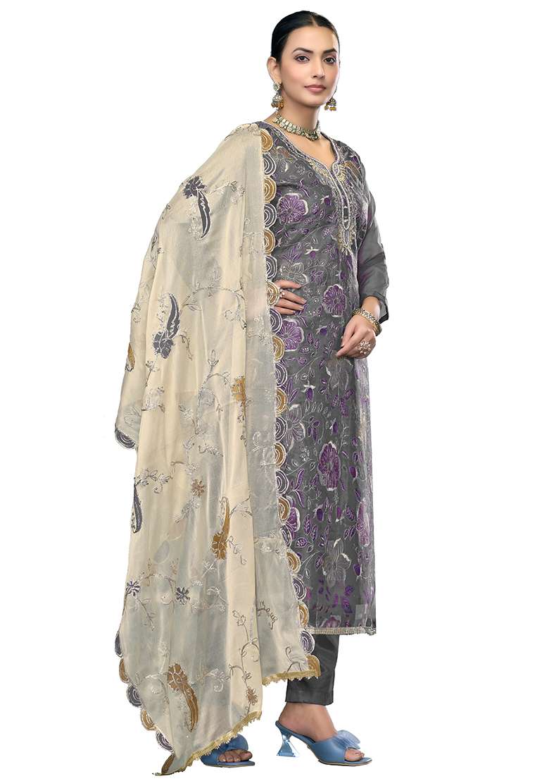 Grey Embroidered Viscose Straight Kurta Set - Indya