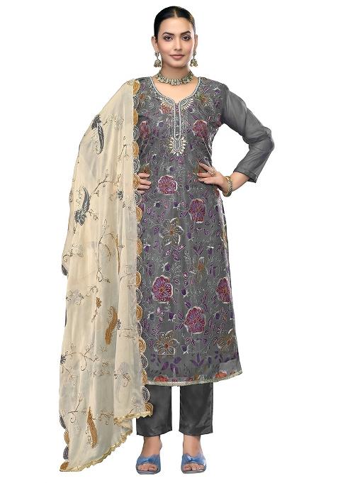 Grey Embroidered Viscose Dress Material