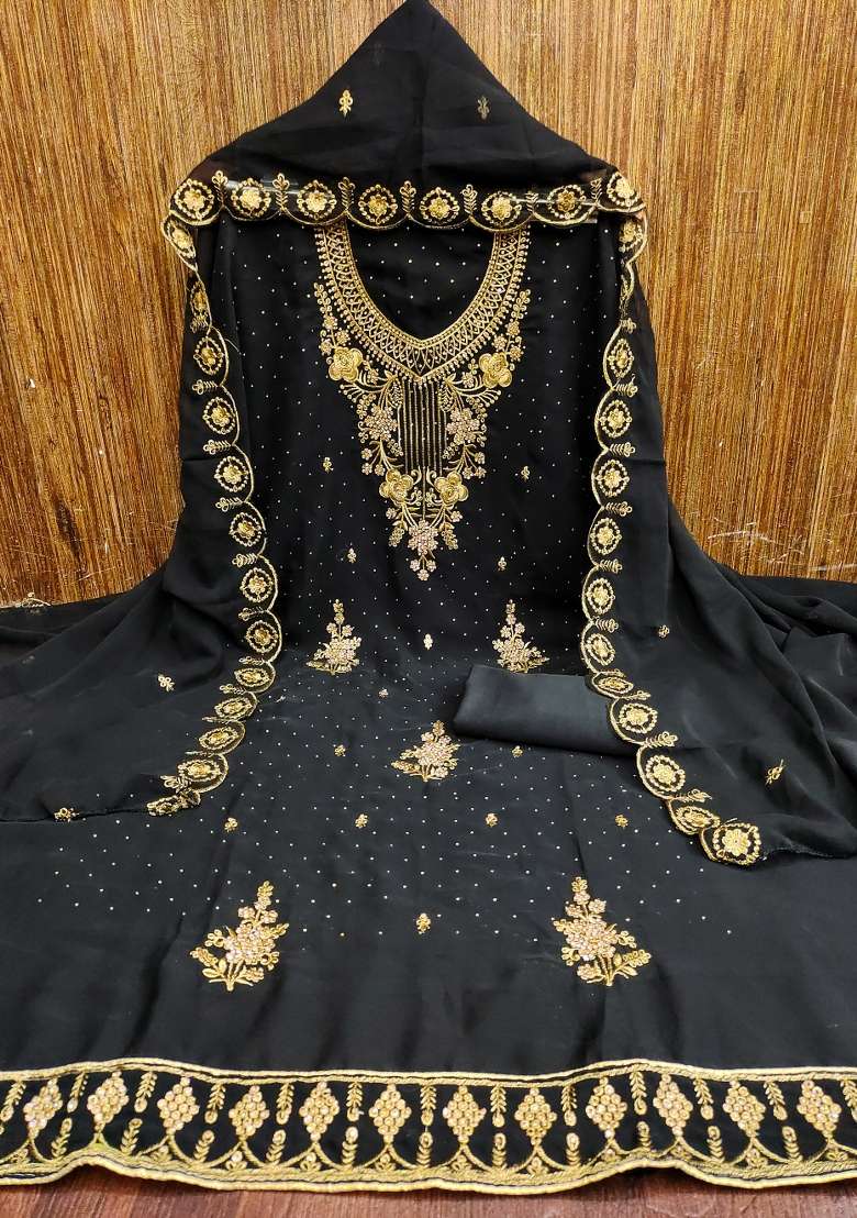 Black Embroidered Georgette Pakistani Suit Set - Indya