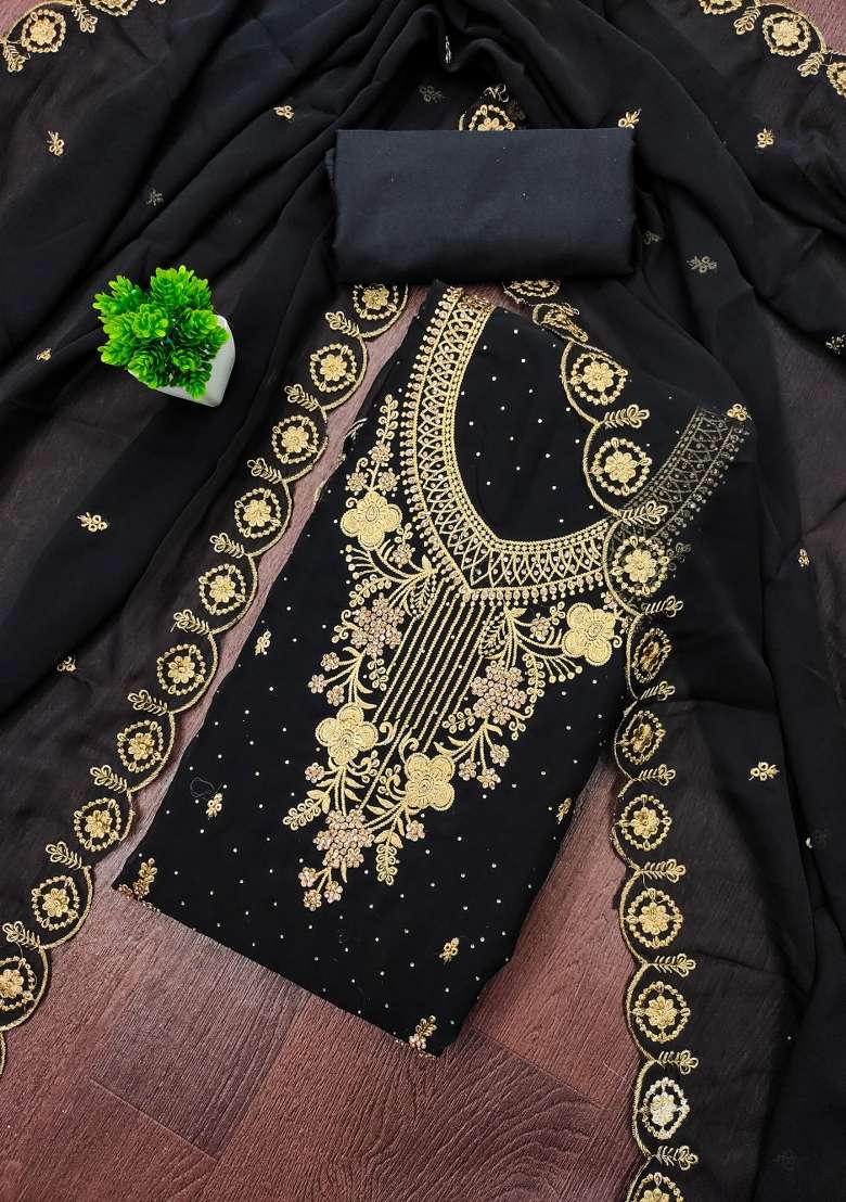 Black Embroidered Georgette Pakistani Suit Set - Indya