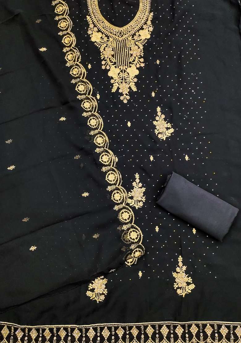 Black Embroidered Georgette Pakistani Suit Set - Indya