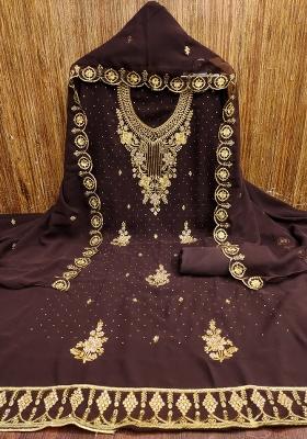 Brown Embroidered Georgette Dress Material