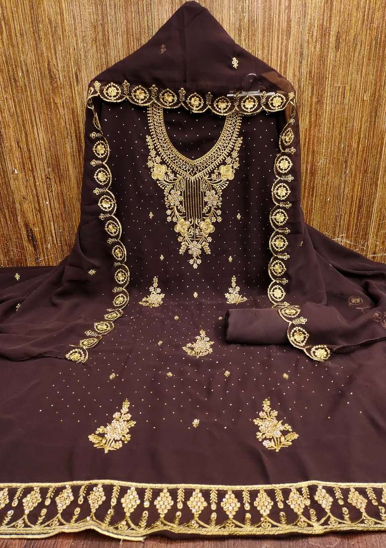 Brown Embroidered Georgette Pakistani Suit Set - Indya