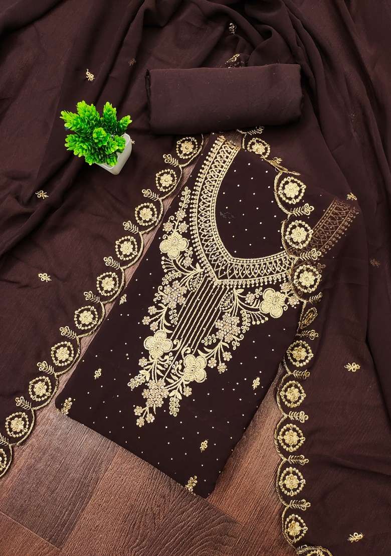 Brown Embroidered Georgette Pakistani Suit Set - Indya