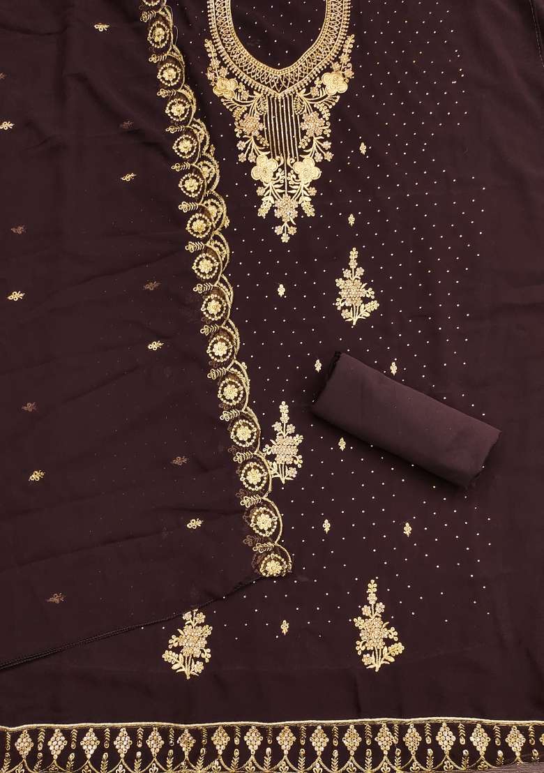 Brown Embroidered Georgette Pakistani Suit Set - Indya