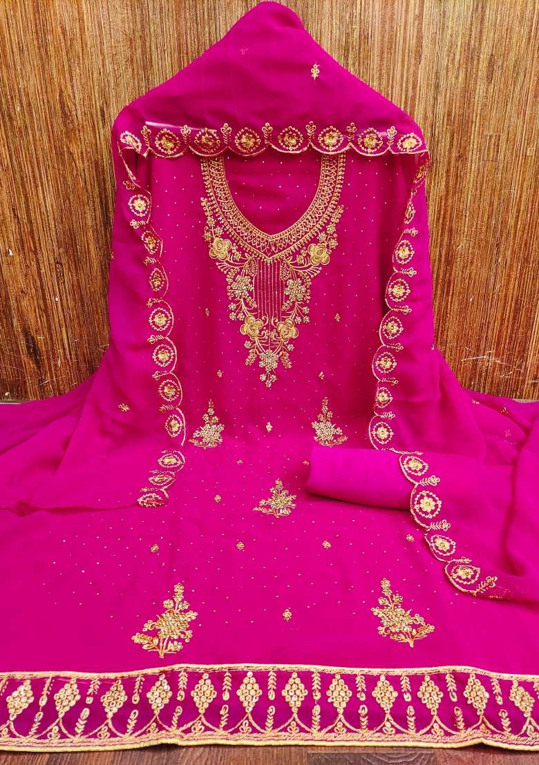 Magenta Embroidered Georgette Pakistani Suit Set - Indya