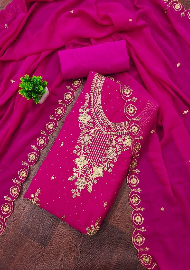 Magenta Embroidered Georgette Pakistani Suit Set - Indya