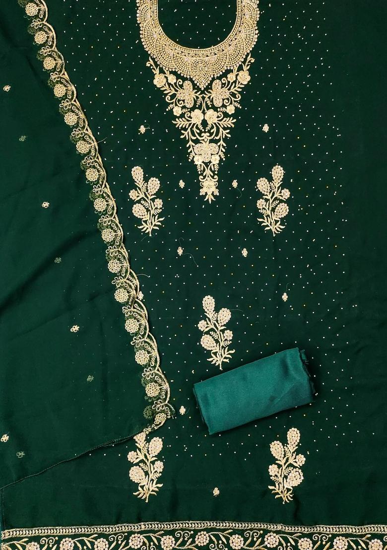 Green Embroidered Georgette Dress Material - Indya